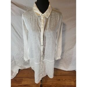 Tahari Sz XL White 100% Linen Shirt Womens Tunic Top Lagenlook Beach Roll Tab